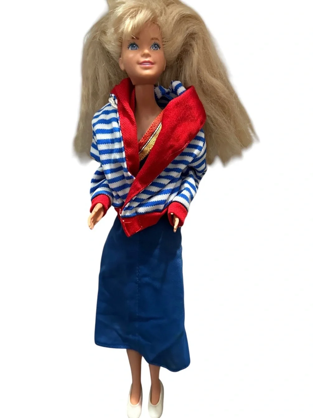 Mattel blond vintage Doll in Blue Skirt and Red-Trim Striped Jacket